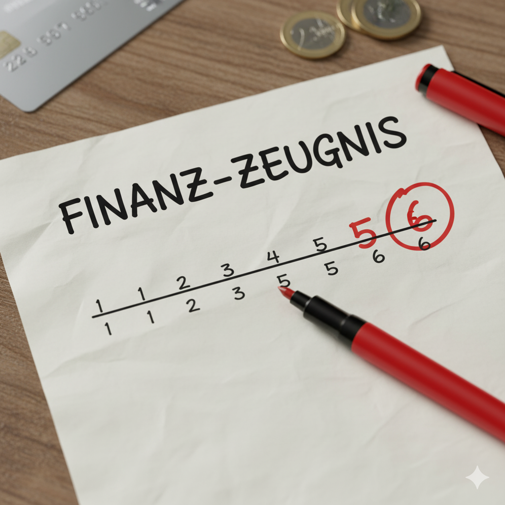 Symbolbild zum Thema Schufa Score verbessern, das ein fiktives Finanz-Zeugnis mit einer schlechten Note zeigt.