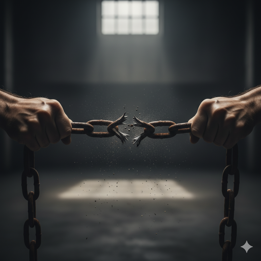 Symbolbild zum Thema Schulden schneller abbezahlen, das eine Person zeigt, die eine Kette zerreißt.