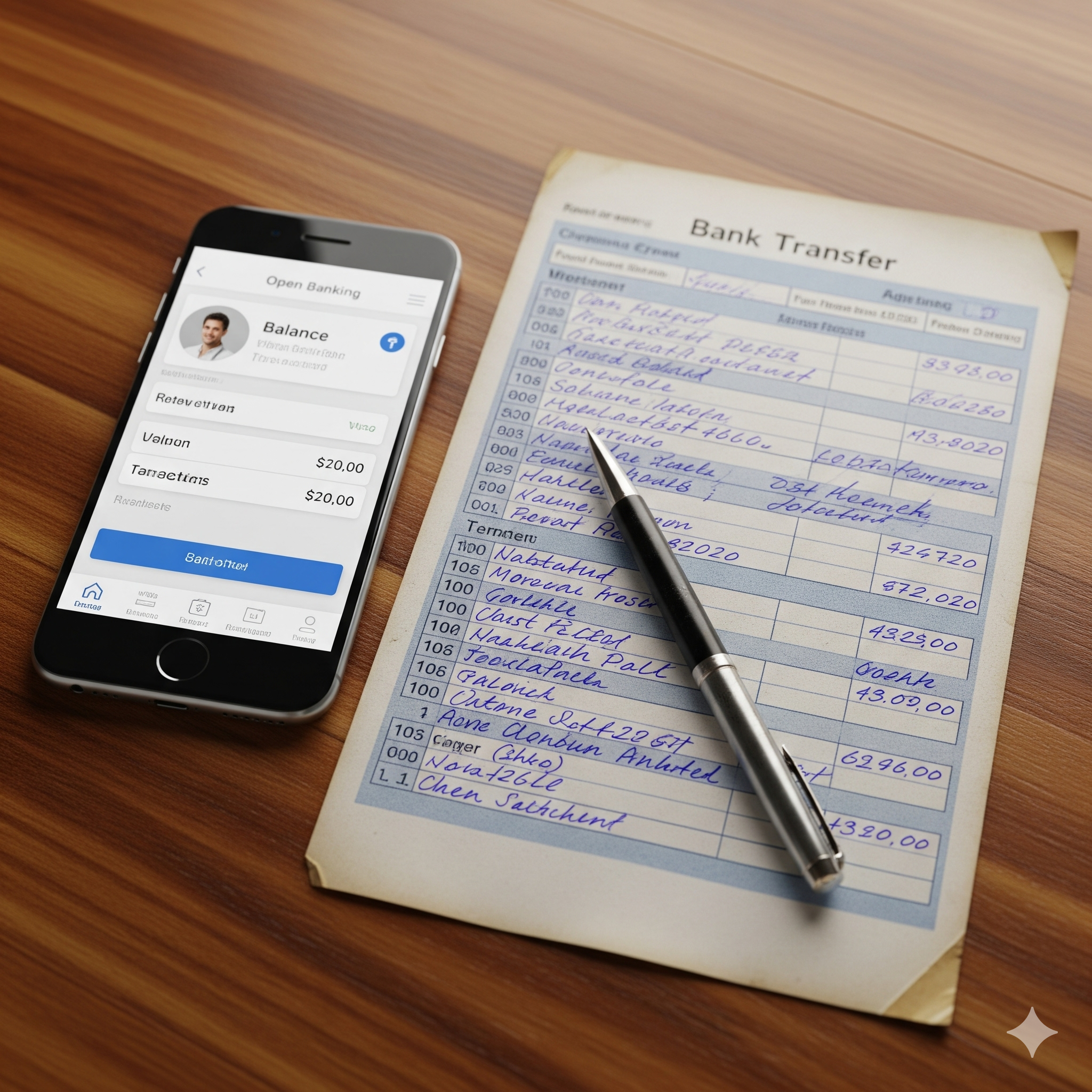 Symbolbild zum Thema digitales Geldmanagement, das ein Smartphone mit einer Banking-App neben Bargeld zeigt.