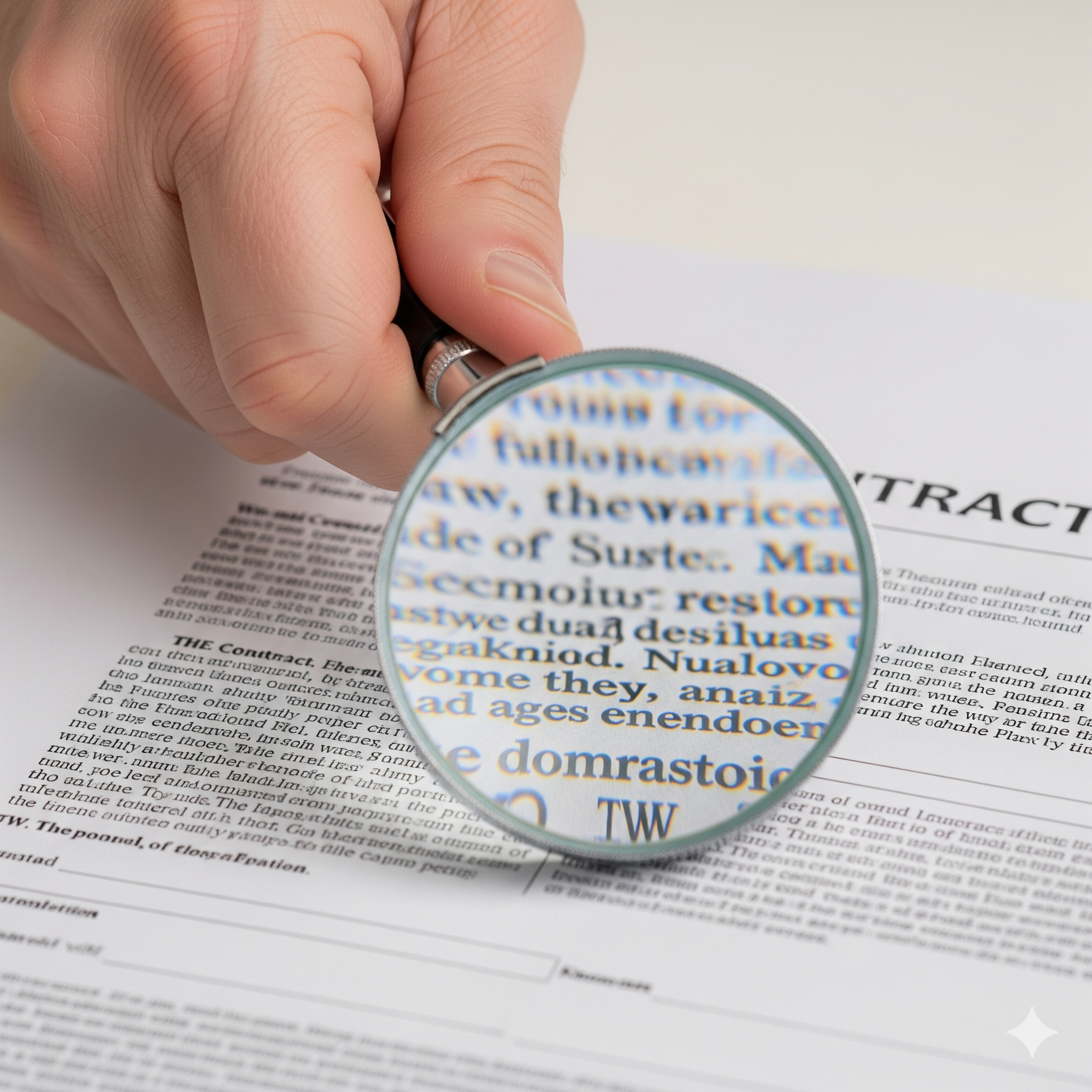 Symbolbild zu der Kostenfalle durch einen Trägervertrag, das einen Vertrag unter einer Lupe zeigt.