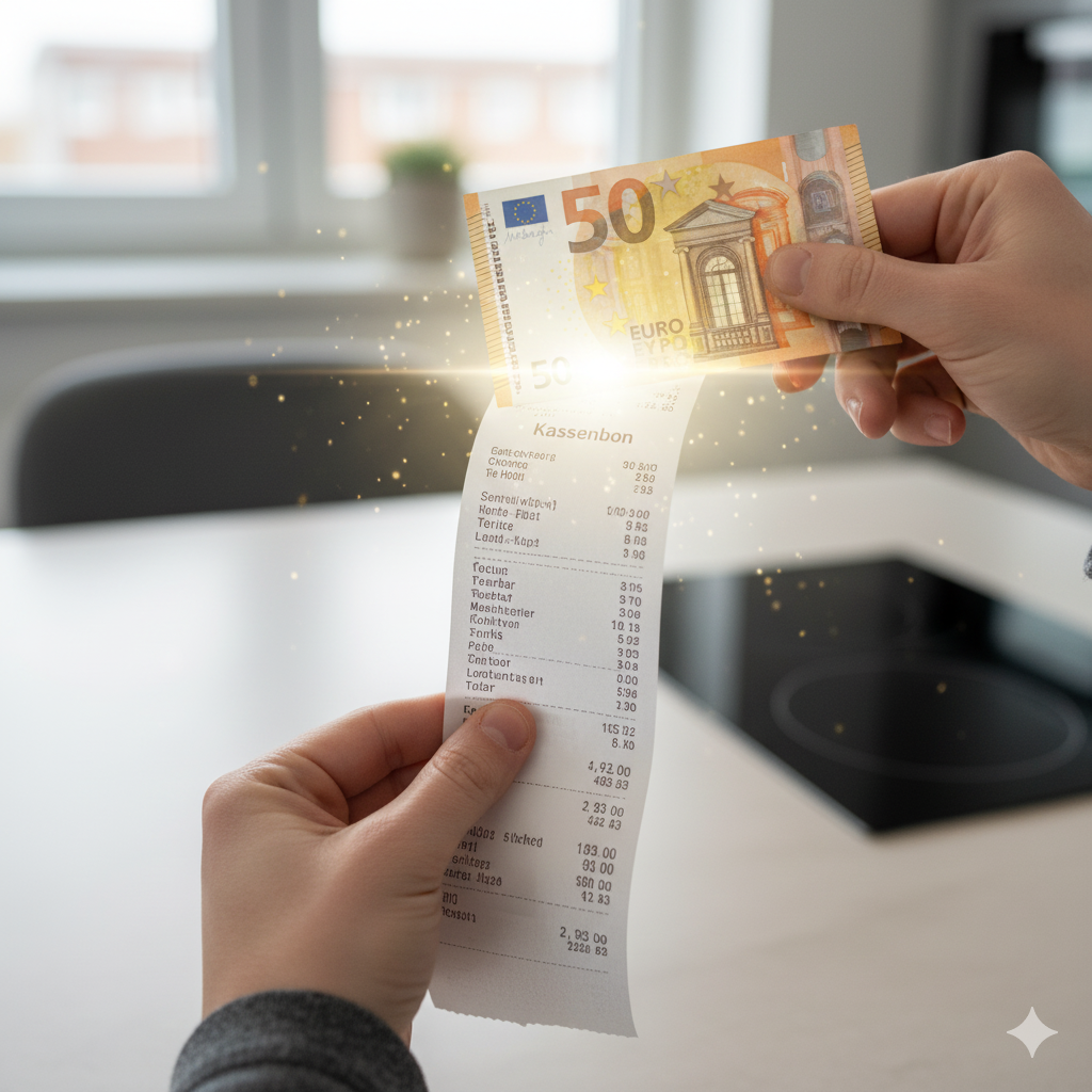 Symbolbild zu einer Geld zurück Garantie Aktion, das eine Hand zeigt, die einen Kassenbon in Geld verwandelt.