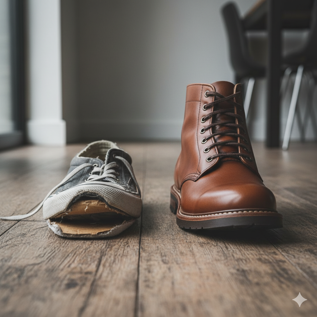 Symbolbild zum Prinzip "Wer billig kauft, kauft zweimal", das einen kaputten, billigen Schuh neben einem neuen, hochwertigen Schuh zeigt.
