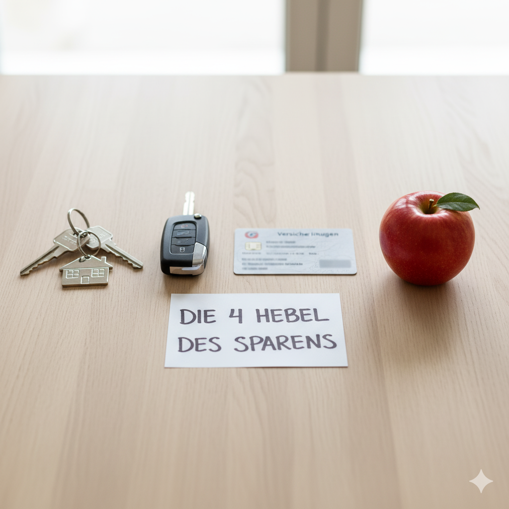 Symbolbild zum Thema bei den größten Ausgaben sparen, das vier Symbole für Wohnen, Mobilität, Versicherungen und Lebensmittel zeigt.