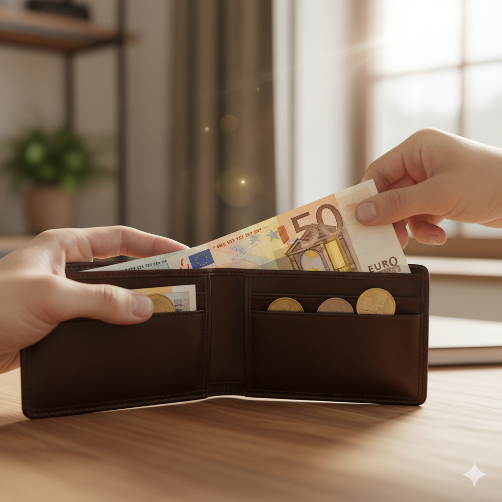 Symbolbild zum Thema Nebenverdienst für den Schuldenabbau, das ein Portemonnaie mit einem Schein darin zeigt.