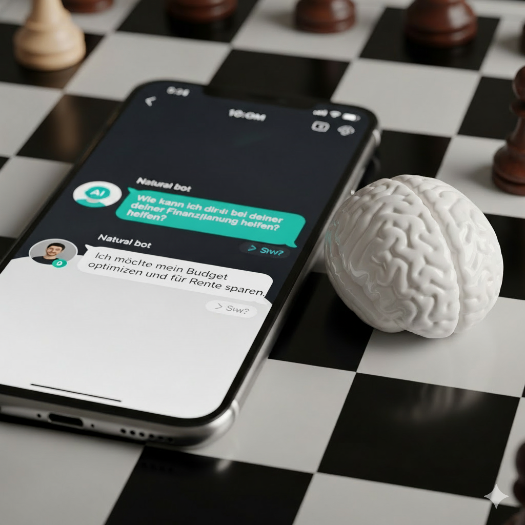 Symbolbild zur Finanzplanung mit KI, das ein Smartphone mit einem Chatbot neben einem Notizbuch zeigt.