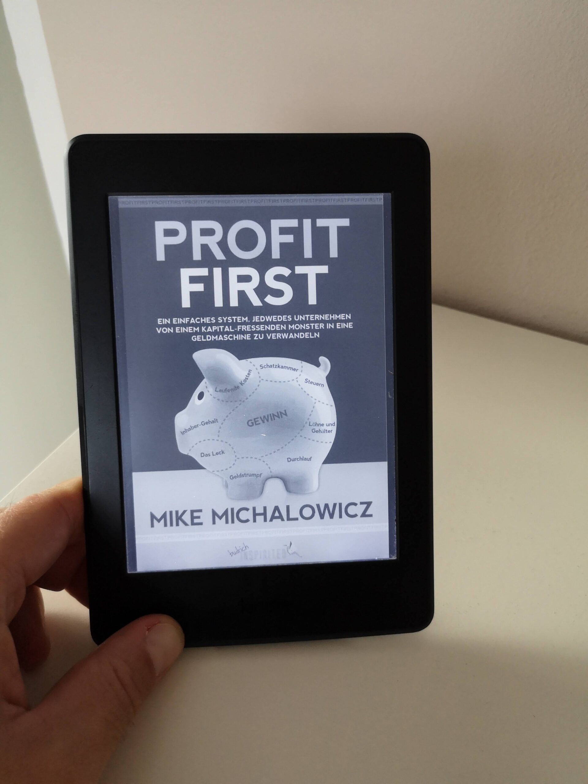 Das Buch Profit First in der Hand auf einem Kindle erkennbar