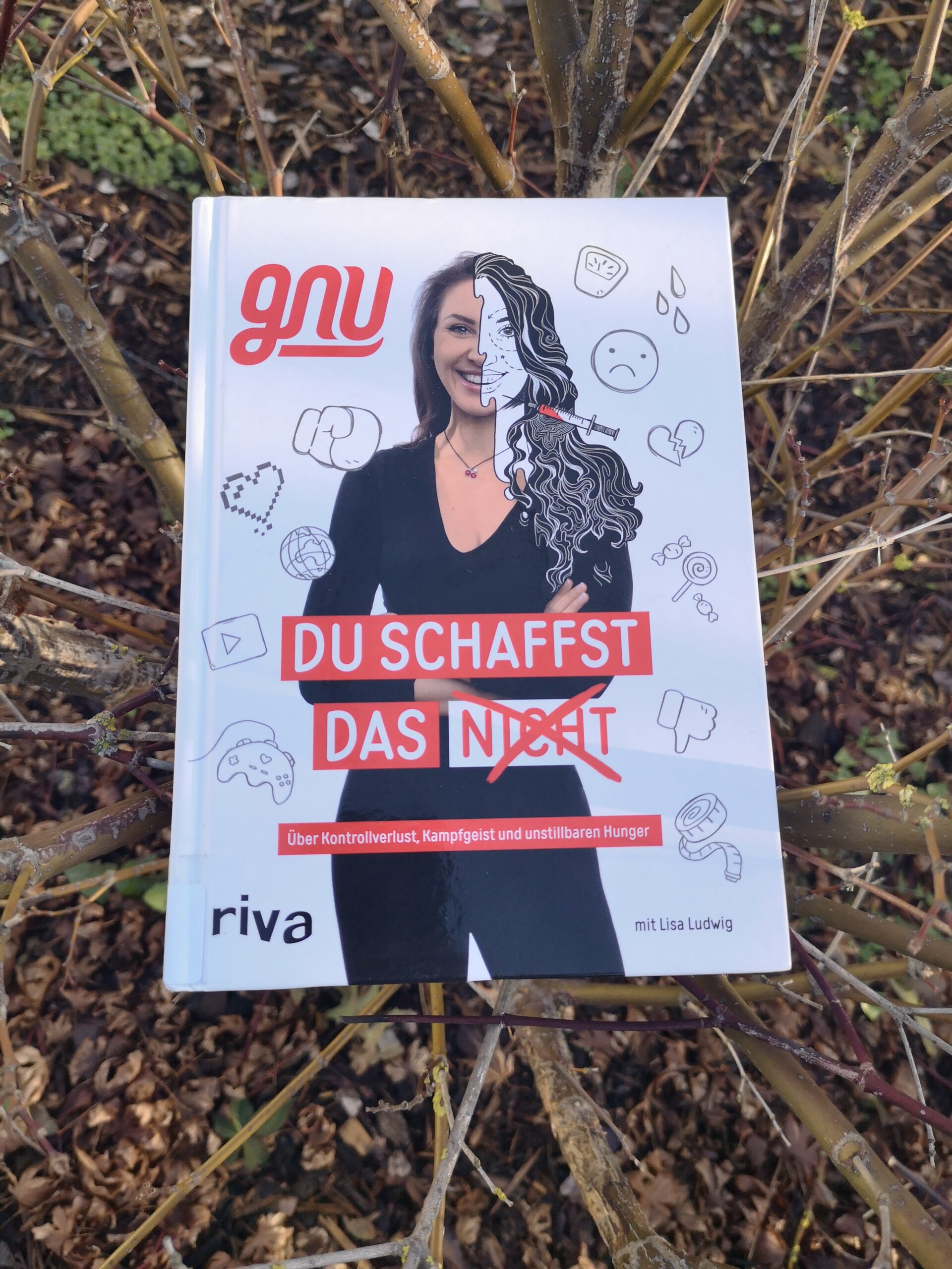 Das Buch "Du schaffst das nicht" von Gnu in einem Strauch abgelegt