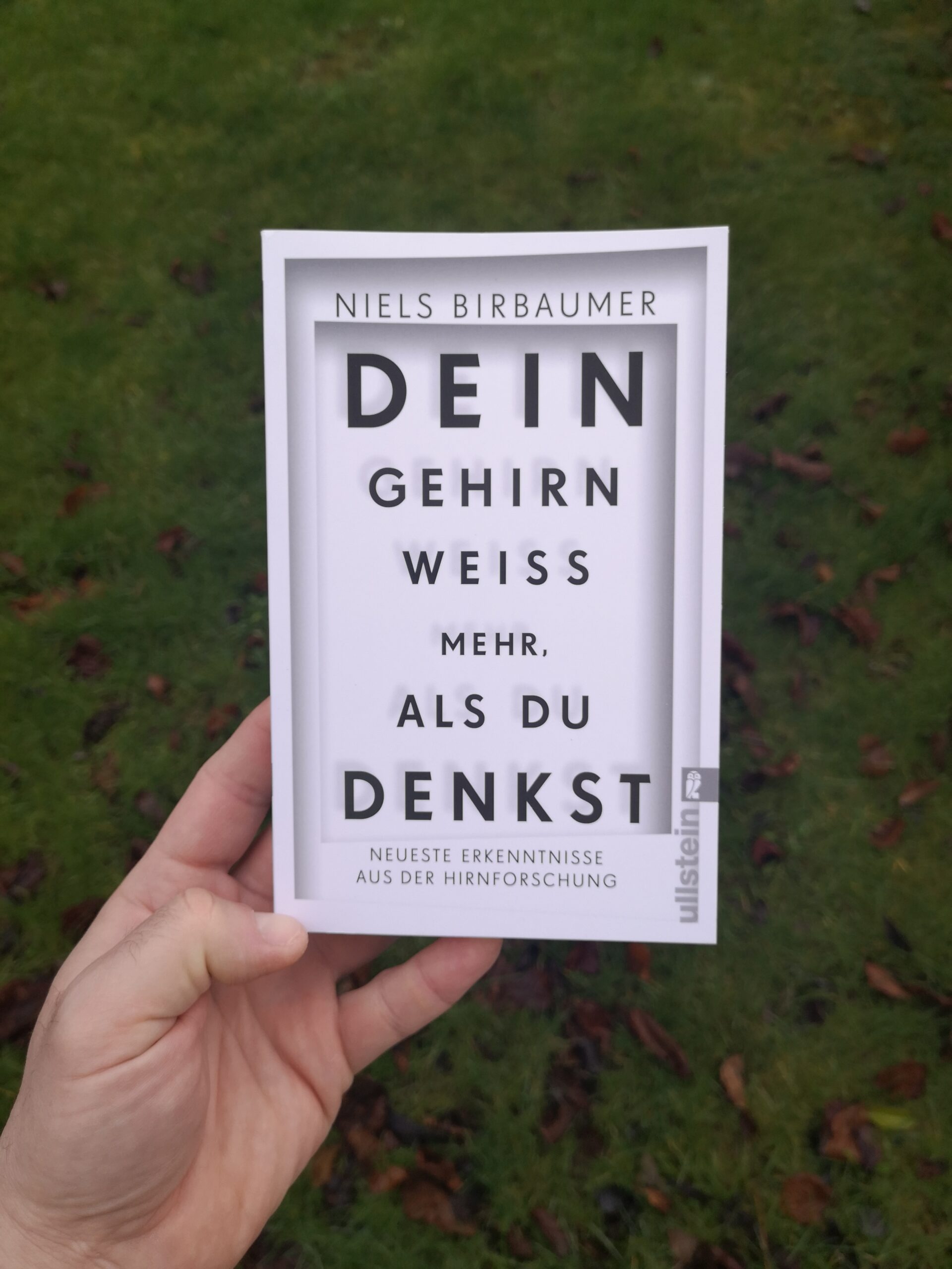 Das Buch "Dein Gehirn weiß mehr als du denkst" mit Rasen im Hintergrund durch eine Hand gehalten