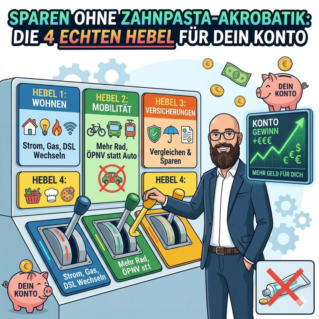 Eine Illustration, die zeigt, wie ein Mann (Boris, mit Bart und Brille) Hebel für Wohnen (Wechsel), Mobilität (weniger Auto), Versicherungen (Vergleich) und Lebensmittel (Kochen) zieht, um Geld in ein "DEIN KONTO" Sparschwein fließen zu lassen, während "Zahnpasta-Akrobatik" durchgestrichen ist.