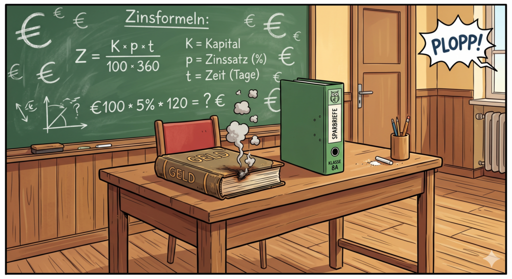 Ein brennendes Schulbuch auf einem Lehrerpult vor einer grünen Tafel mit Euro-Symbolen im Comic-Stil.