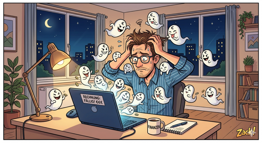 Comic-Zeichnung eines gestressten Mannes am Schreibtisch, der von kleinen Euro-Geistern belästigt wird.