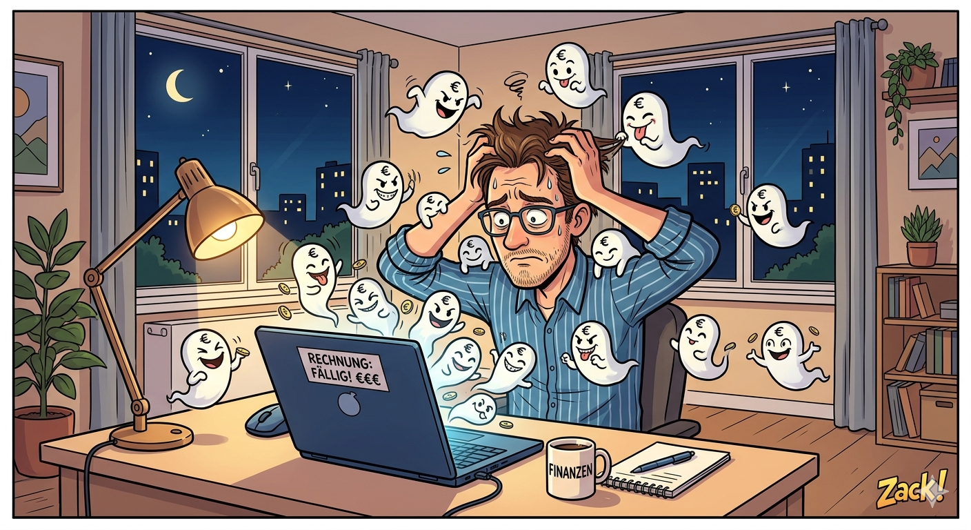 Comic-Zeichnung eines gestressten Mannes am Schreibtisch, der von kleinen Euro-Geistern belästigt wird.
