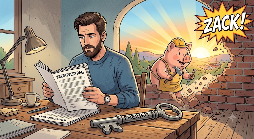 Mann am Schreibtisch betreibt Sondertilgung für finanzielle Freiheit Comic Stil